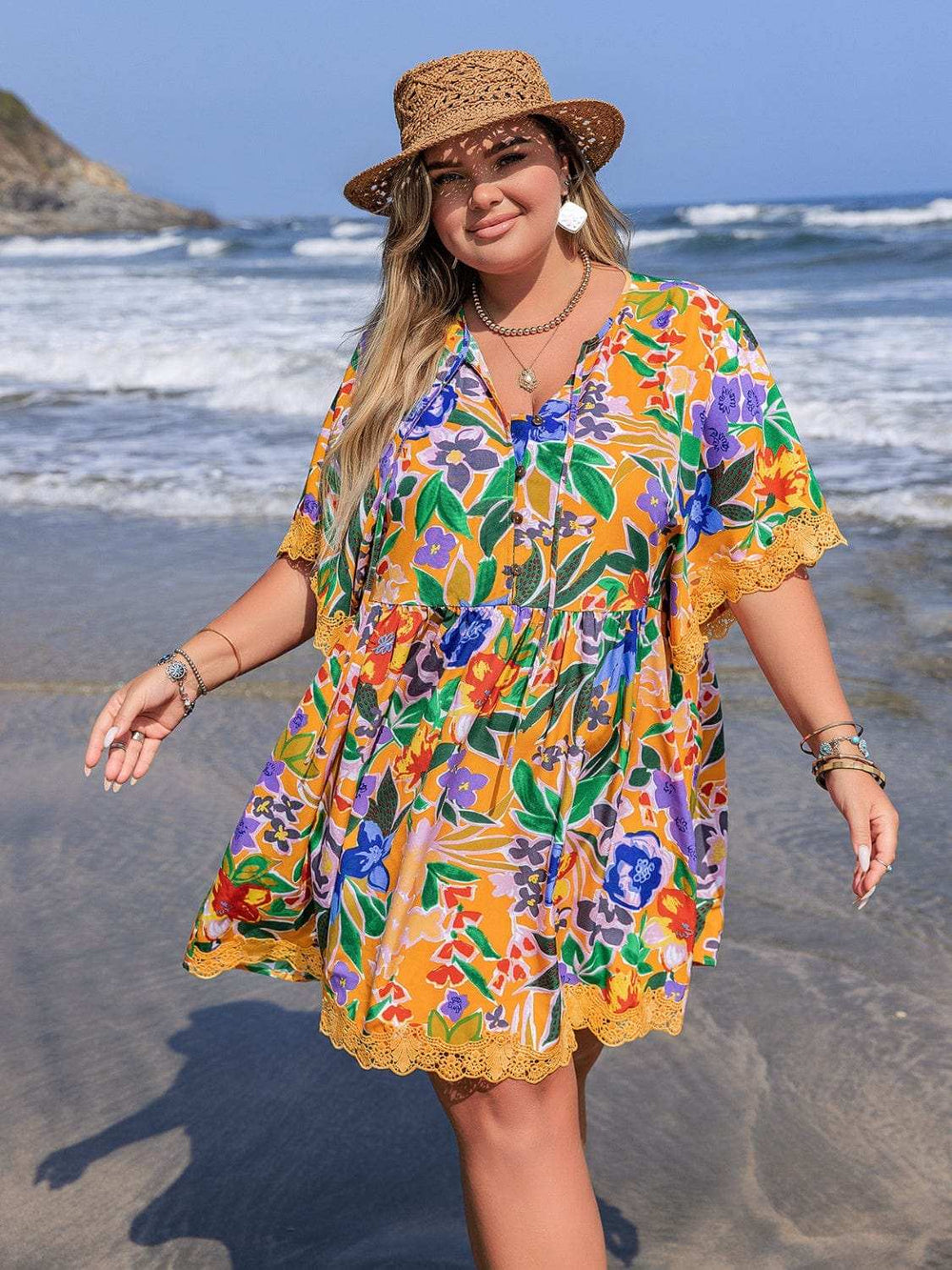 Plus Size Lace Detail Printed Tie Neck Half Sleeve Dress - Trendsi - Flyclothing LLC