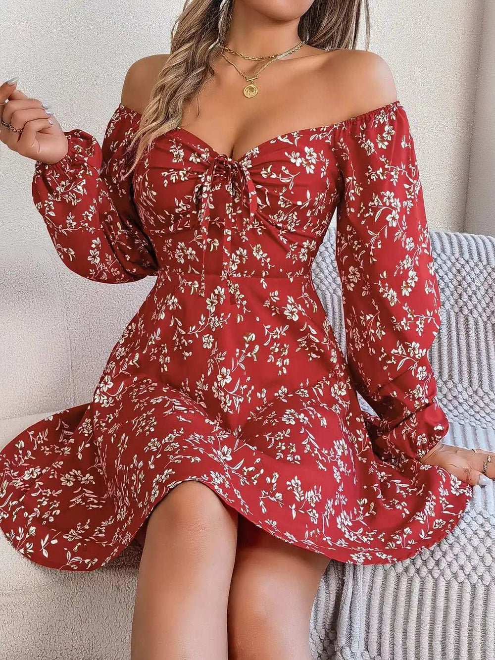 Printed Sweetheart Neck Balloon Sleeve Mini Dress - Trendsi - Flyclothing LLC