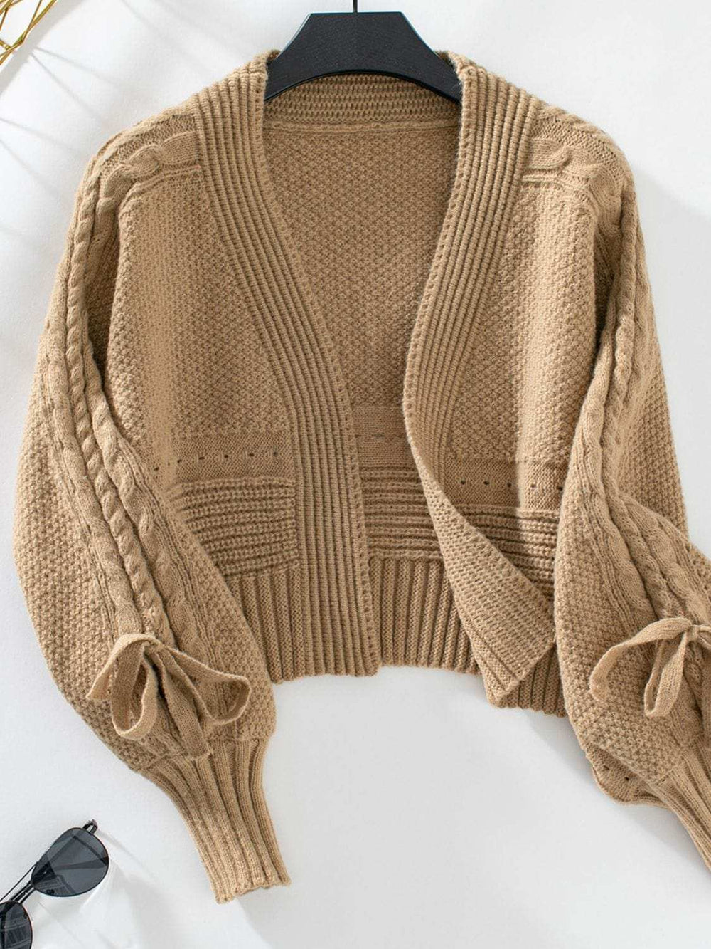 Cable-Knit Tied Open Front Lantern Sleeve Cardigan - Trendsi - Flyclothing LLC