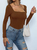 Square Neck Long Sleeve Bodysuit - Trendsi - Flyclothing LLC