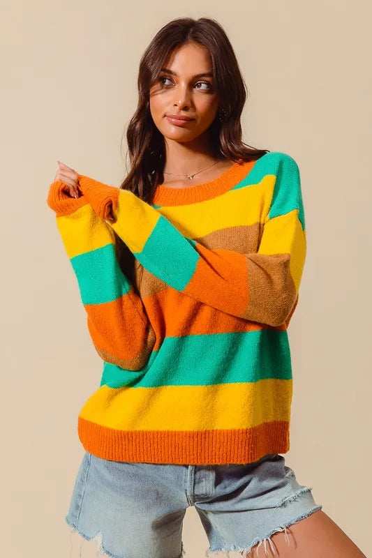 SO ME Multi Color Stripe Sweater with Ribbed Detail - Trendsi - Flyclothing LLC