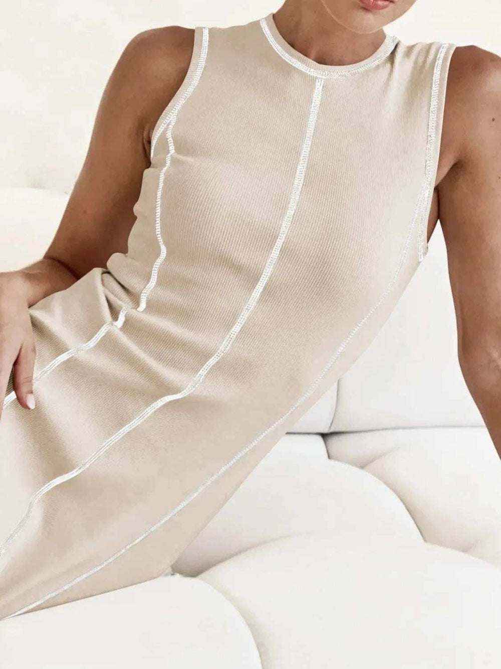 Contrast Stitching Round Neck Sleeveless Midi Dress - Trendsi - Flyclothing LLC