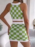 Checkered Grecian Neck Cami and Skirt Sweater Set - Trendsi - Flyclothing LLC