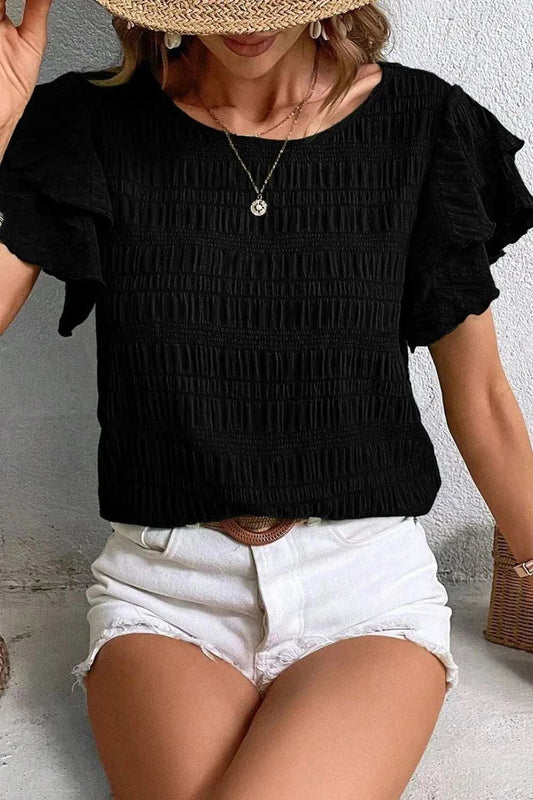 Round Neck Ruffled Layered Short Sleeve Blouse - Trendsi - Flyclothing LLC