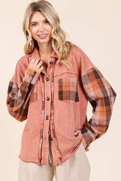 Mittoshop Button Down Contrast Plaid Patchwork Shacket - Trendsi - Flyclothing LLC