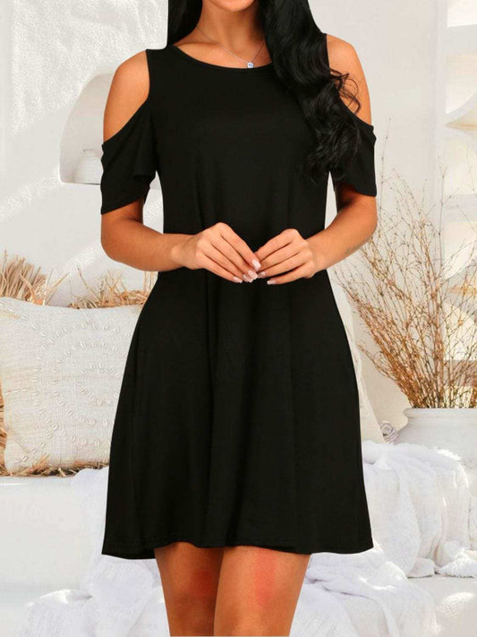 Round Neck Cold Shoulder Short Sleeve Dress - Trendsi - Flyclothing LLC
