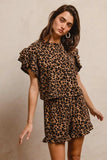 BiBi Leopard Print Waffle Texture Layered Ruffle Sleeve Top and Shorts Set - Trendsi - Flyclothing LLC