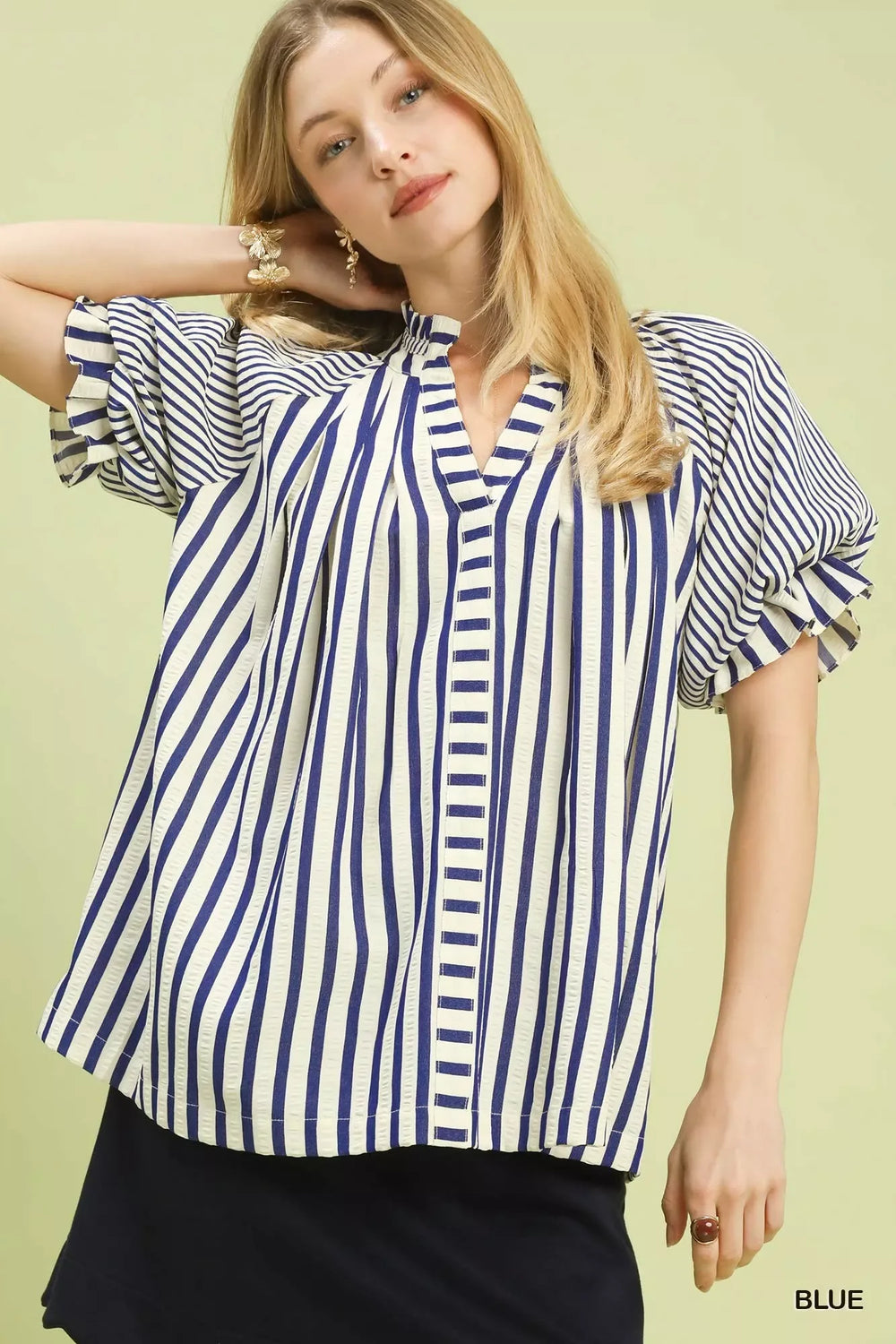 Umgee Striped Notched Top with Short Flutter Sleeves - Trendsi - Flyclothing LLC