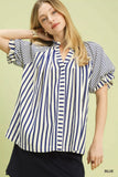 Umgee Striped Notched Top with Short Flutter Sleeves - Trendsi - Flyclothing LLC