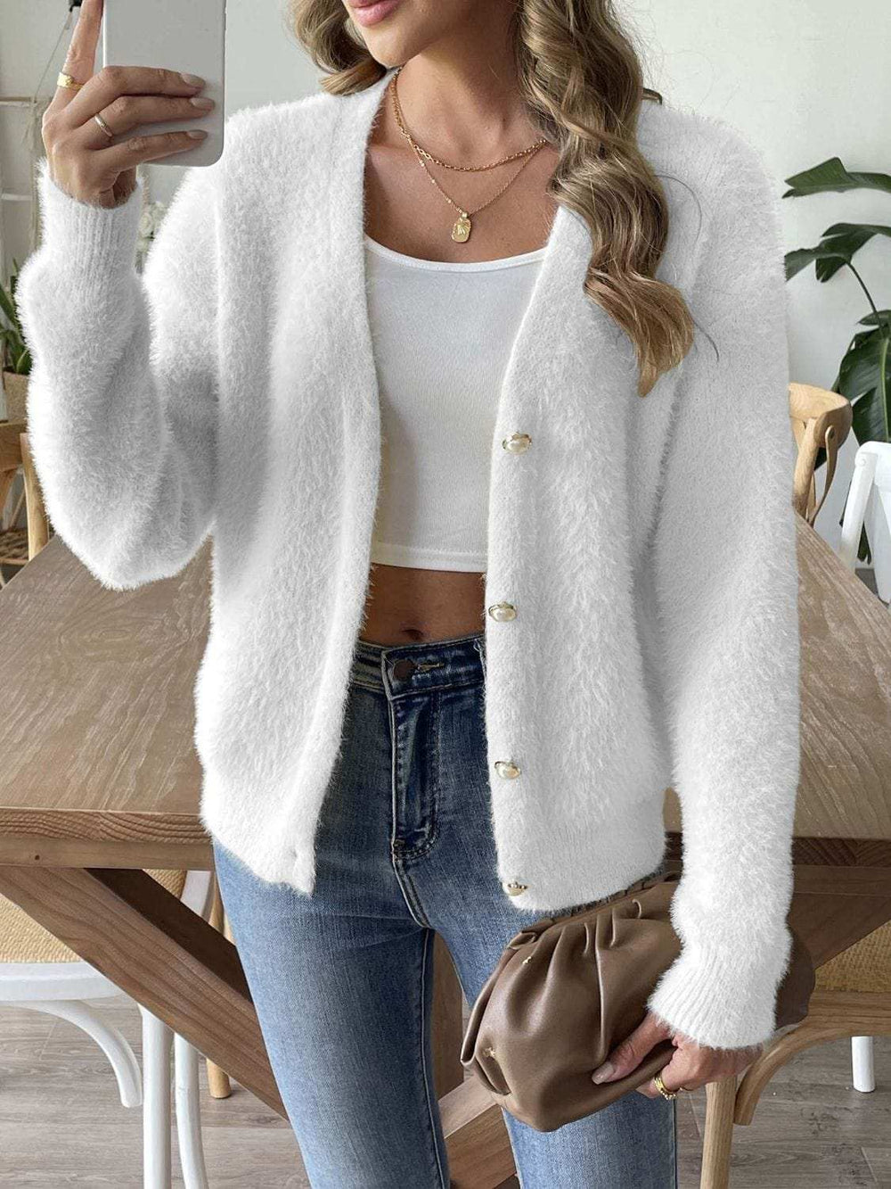 Button Up V-Neck Long Sleeve Cardigan - Trendsi - Flyclothing LLC