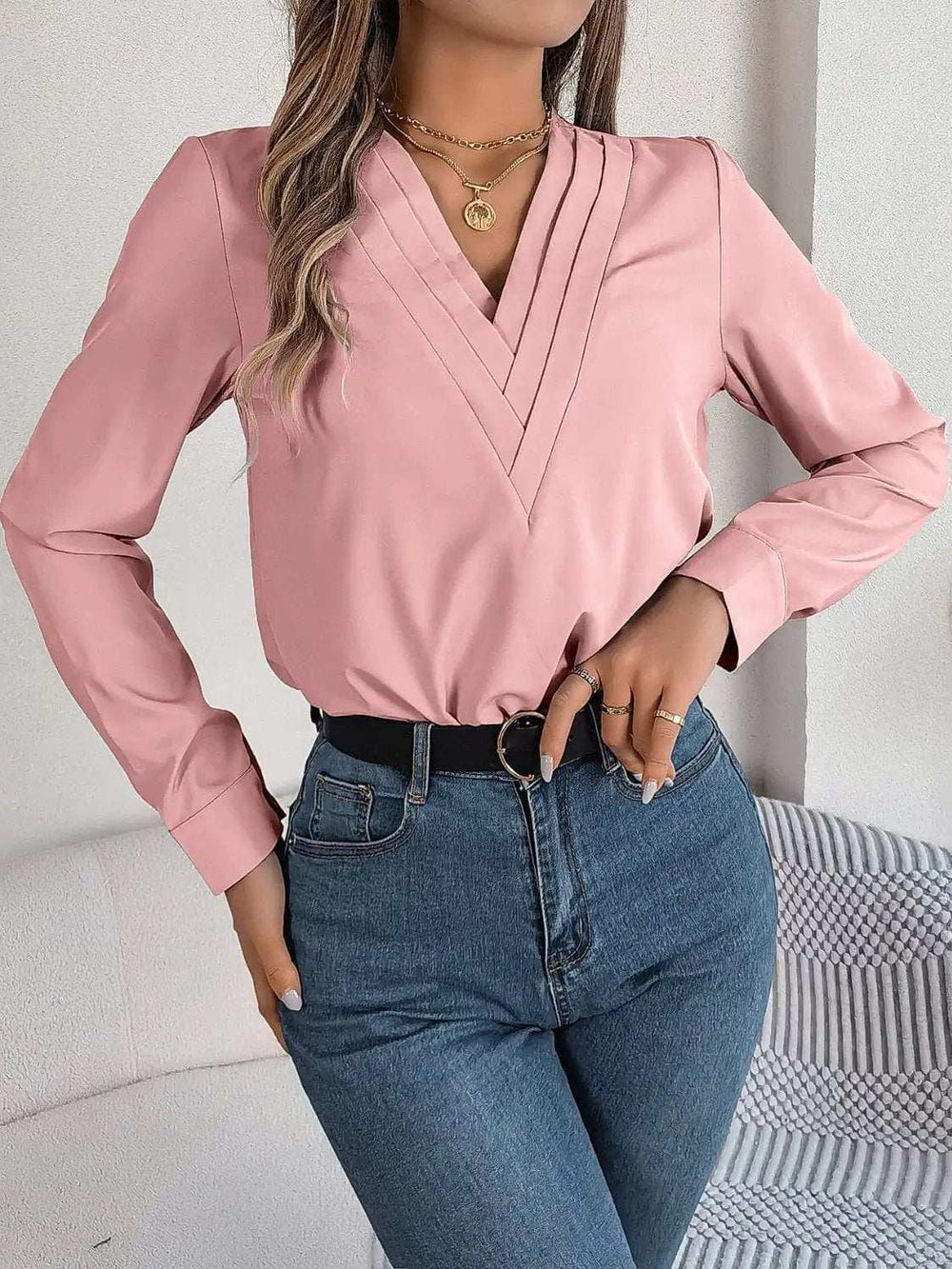 V-Neck Long Sleeve Blouse - Trendsi - Flyclothing LLC