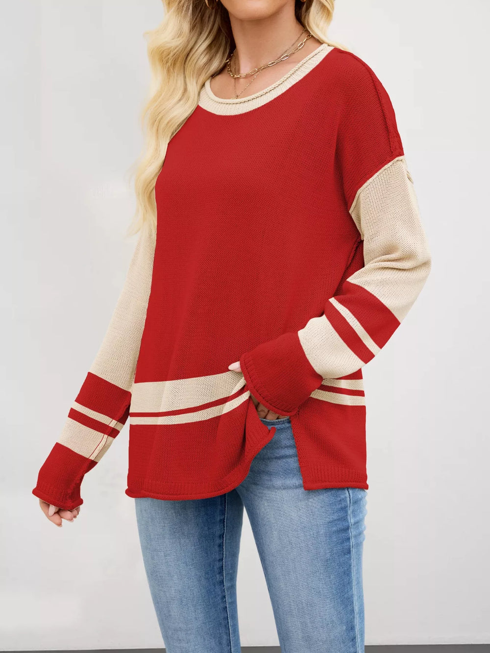 Color Block Side Slit Sweater - Trendsi - Flyclothing LLC