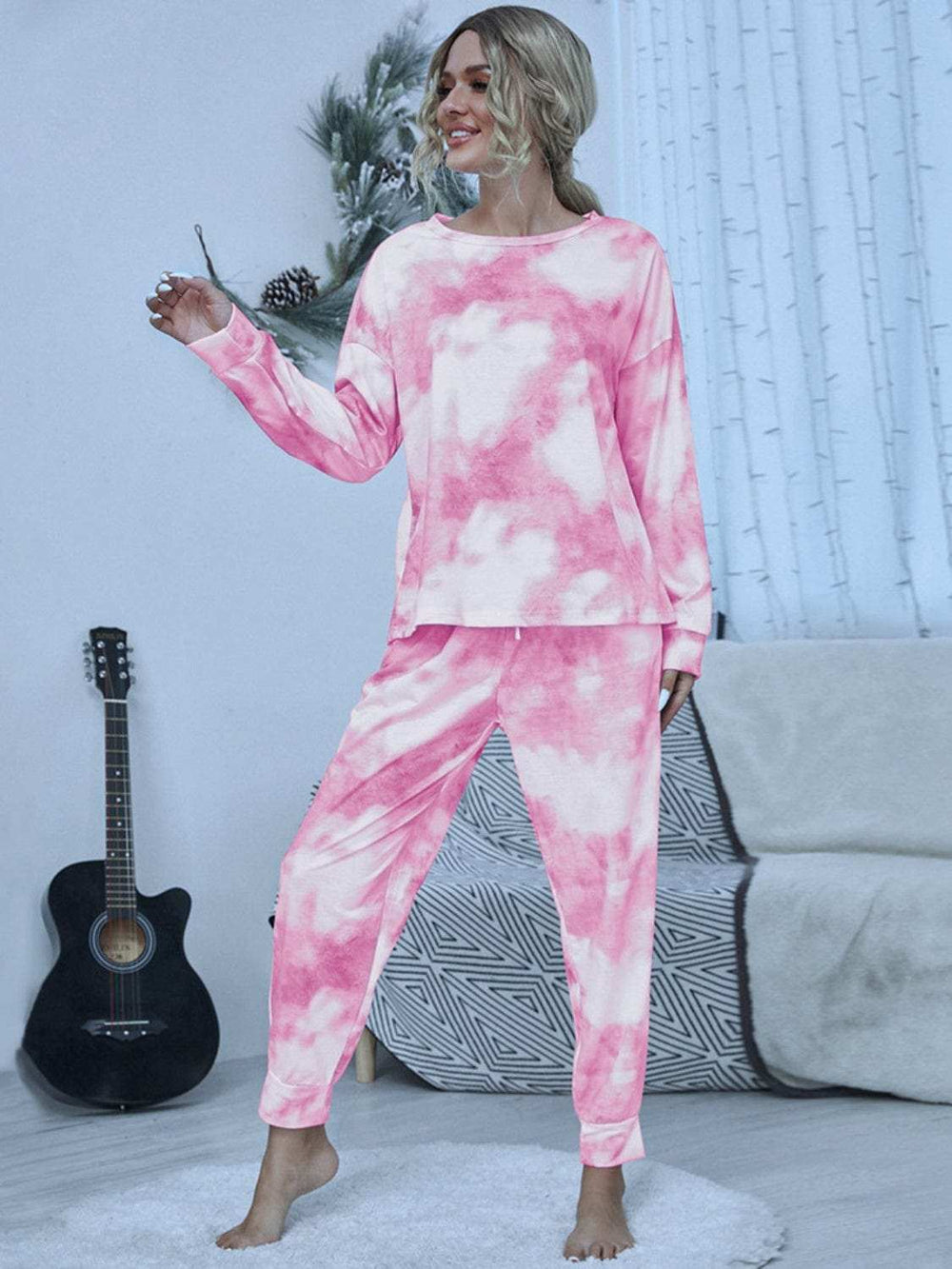 Tie-Dye Round Neck Top and Pants Lounge Set - Trendsi - Flyclothing LLC