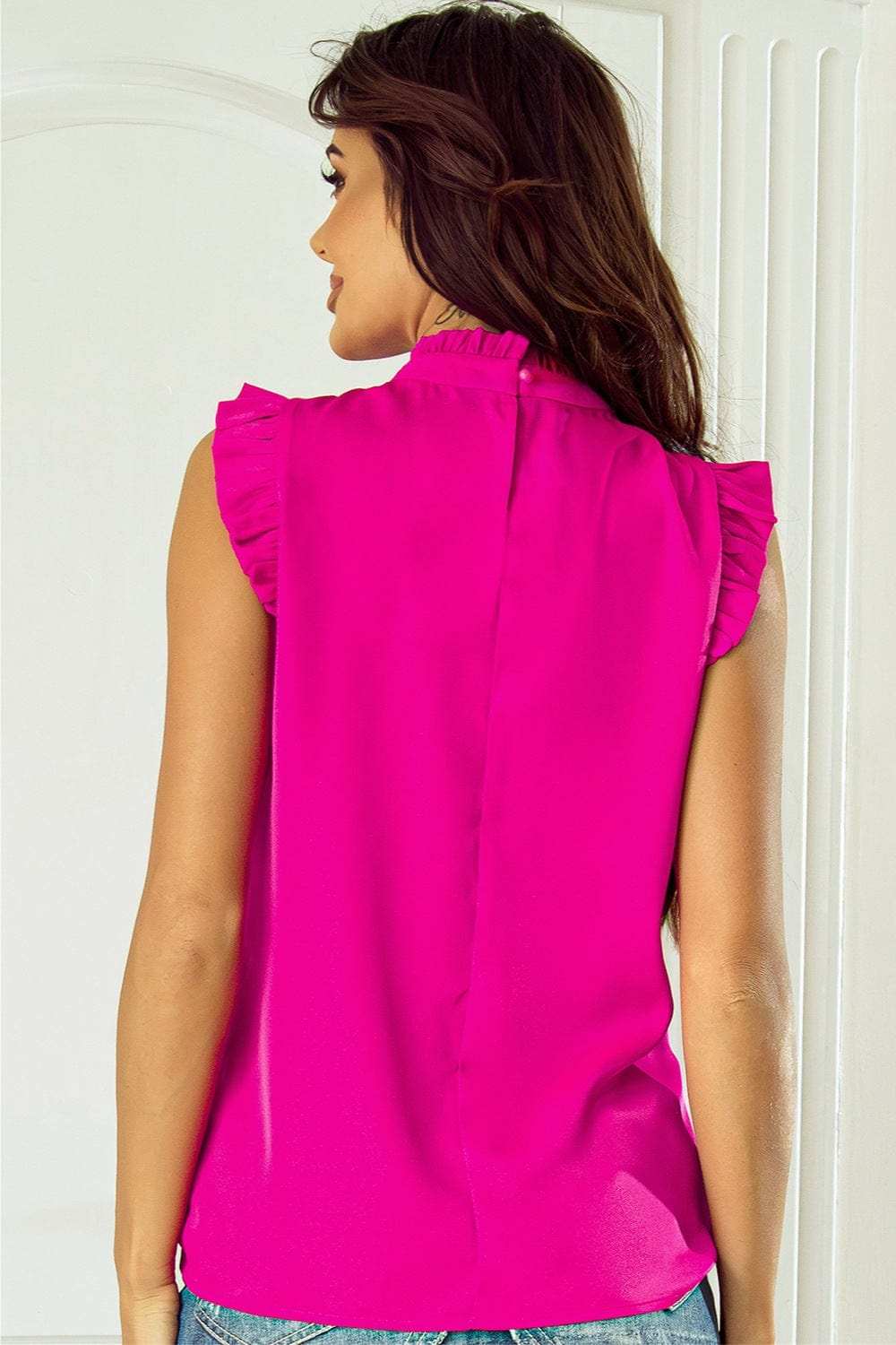 Ruffled Mock Neck Cap Sleeve Blouse - Trendsi - Flyclothing LLC