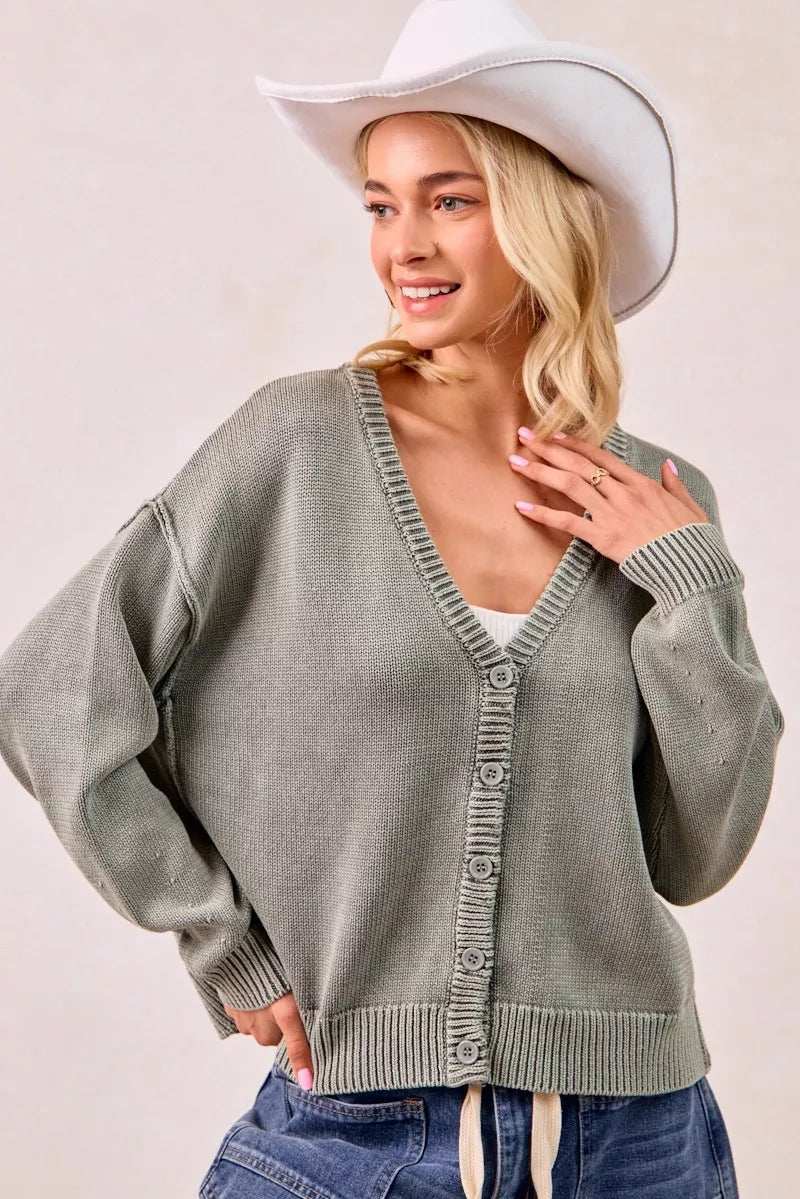 BiBi Washed Sweater V Neck Cardigan - Trendsi - Flyclothing LLC
