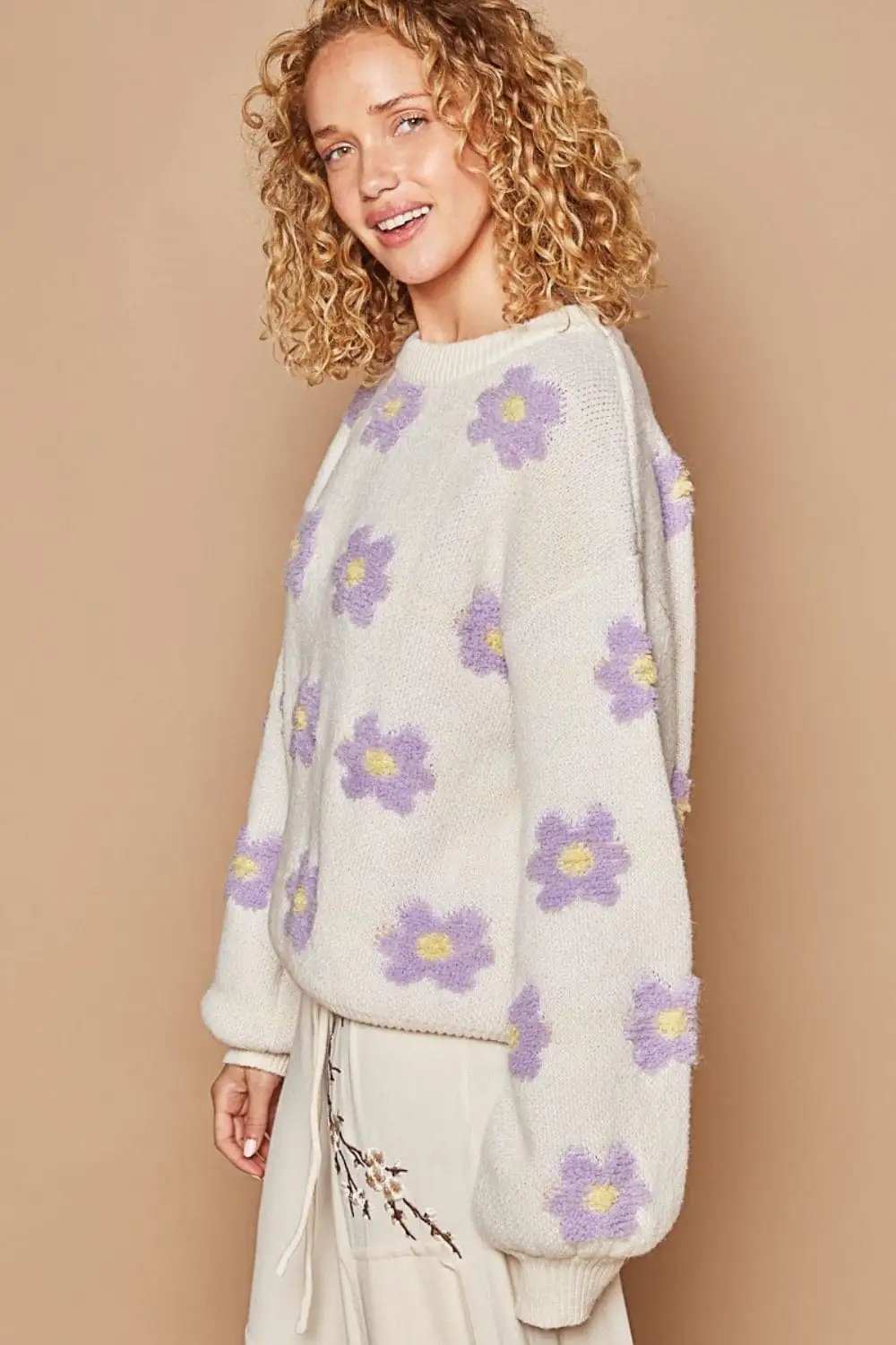 POL Daisy Pattern Drop Shoulder Sweater - Trendsi - Flyclothing LLC