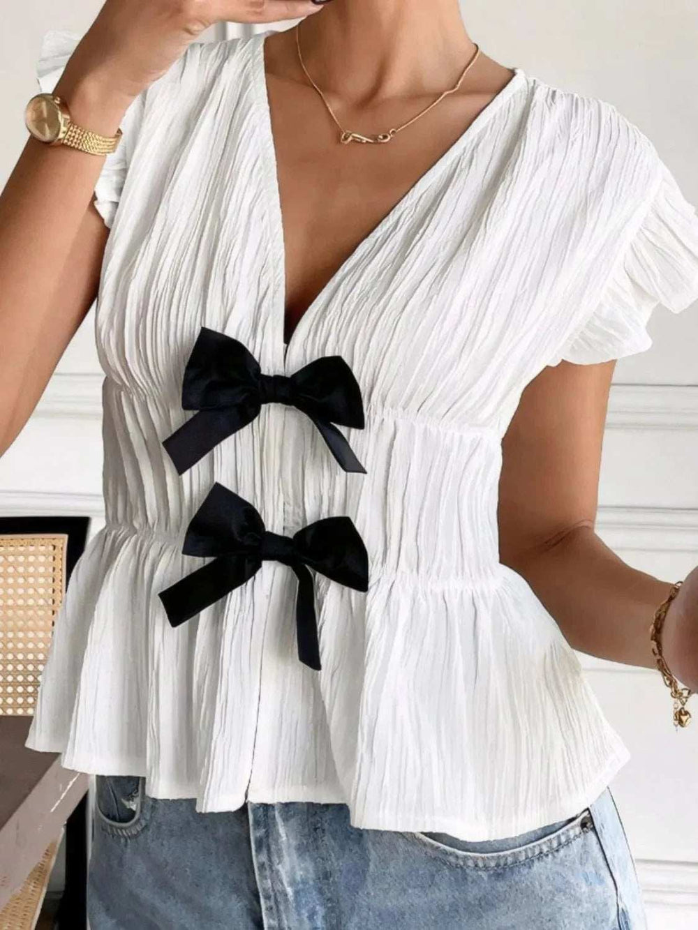 Bow V-Neck Cap Sleeve Blouse - Trendsi - Flyclothing LLC