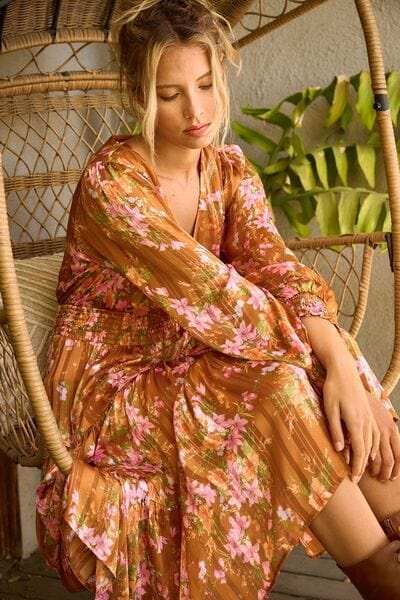 Mittoshop Flower Print Satin Lurex Stripe Smocked Midi Dress - Trendsi - Flyclothing LLC