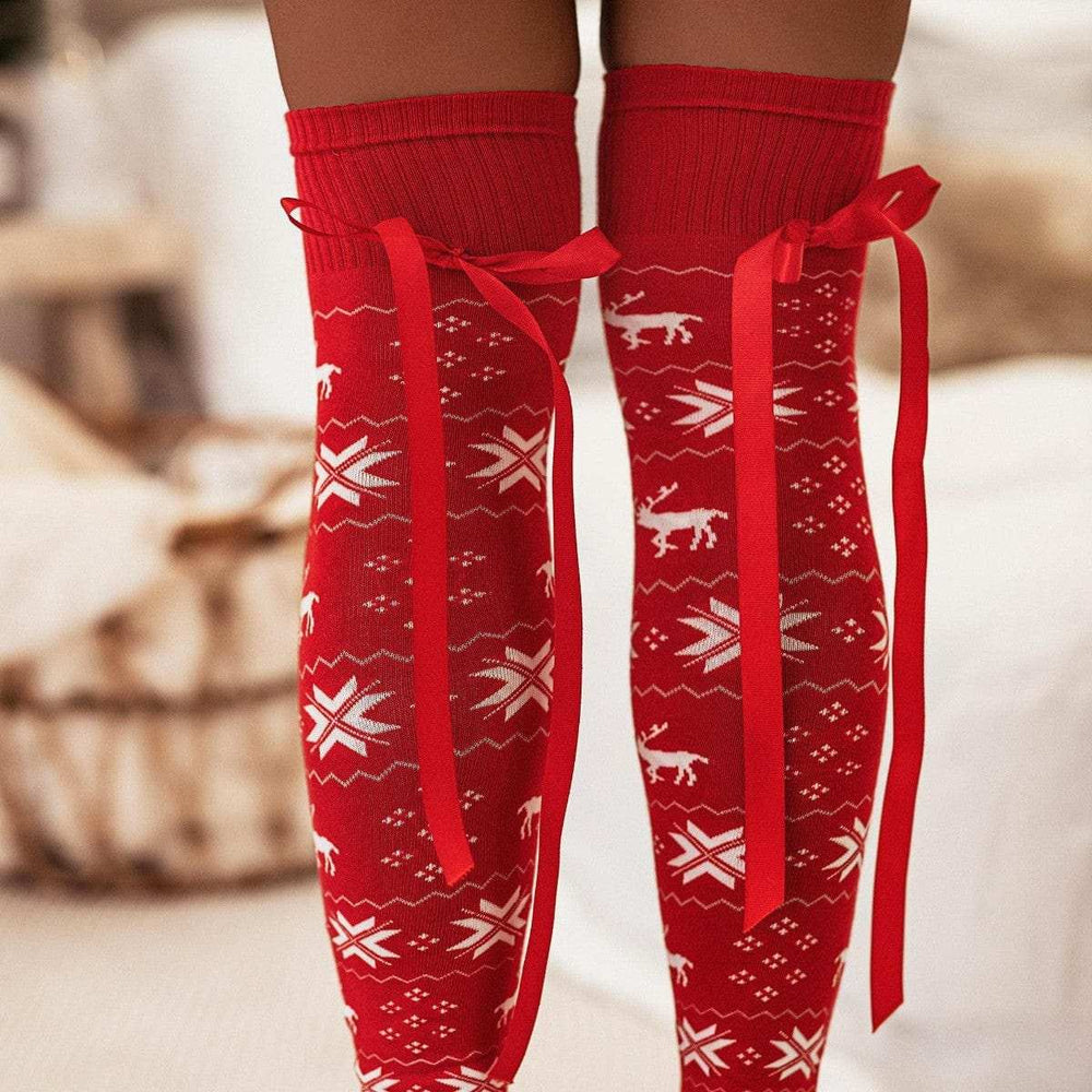 Christmas Element Bowknot Ribbed Trim Over Knee Stockings - Trendsi - Flyclothing LLC