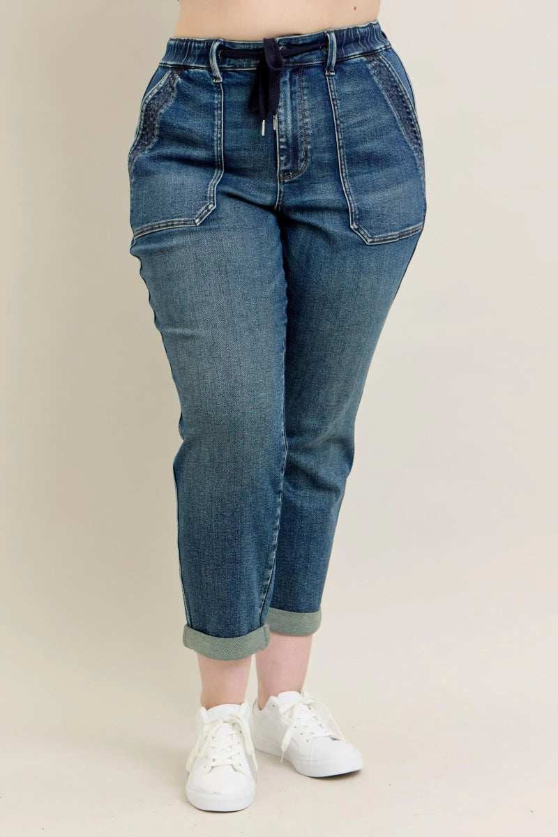 Judy Blue Full Size HW Vintage Wash Jeans w/ Drawstring Plus Size - Trendsi - Flyclothing LLC