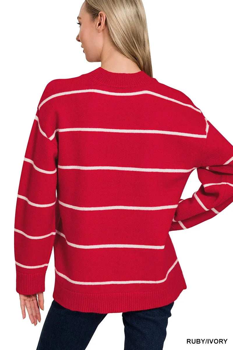 Zenana Round Neck Stripe Sweater - Trendsi - Flyclothing LLC