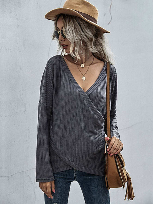 Perfee Waffle-Knit Surplice Long Sleeve Top - Trendsi - Flyclothing LLC