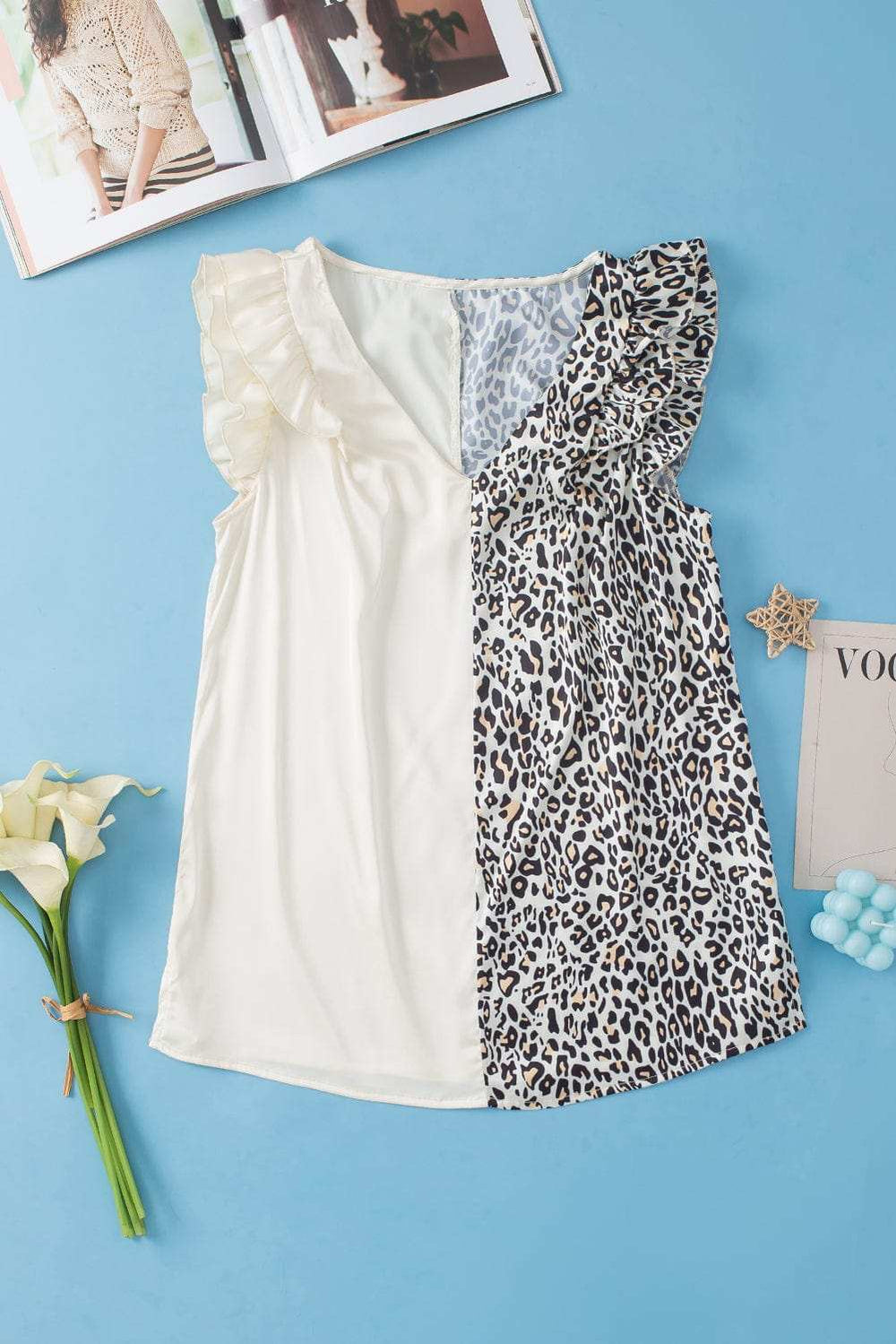 Ruffled Leopard V-Neck Cap Sleeve Blouse - Trendsi - Flyclothing LLC