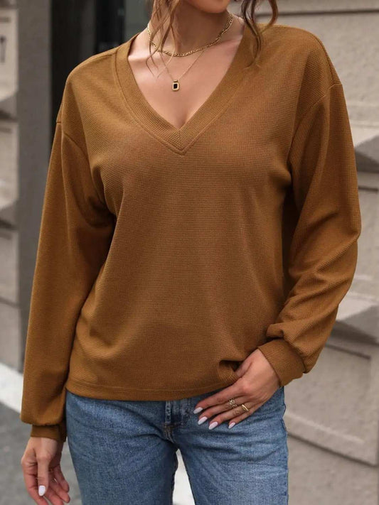 Perfee V-Neck Long Sleeve Top - Trendsi - Flyclothing LLC