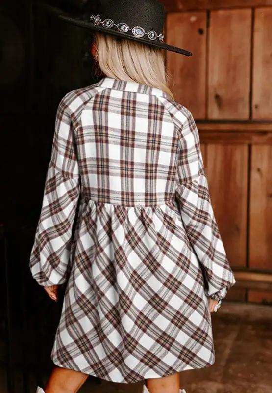 Full Size Plaid Collared Neck Balloon Sleeve Mini Shirt Dress - Trendsi - Flyclothing LLC