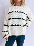 Contrast Stripes Round Neck Long Sleeve Sweater - Trendsi - Flyclothing LLC