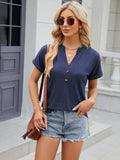 Decorative Button Notched Short Sleeve T-Shirt - Trendsi - Flyclothing LLC