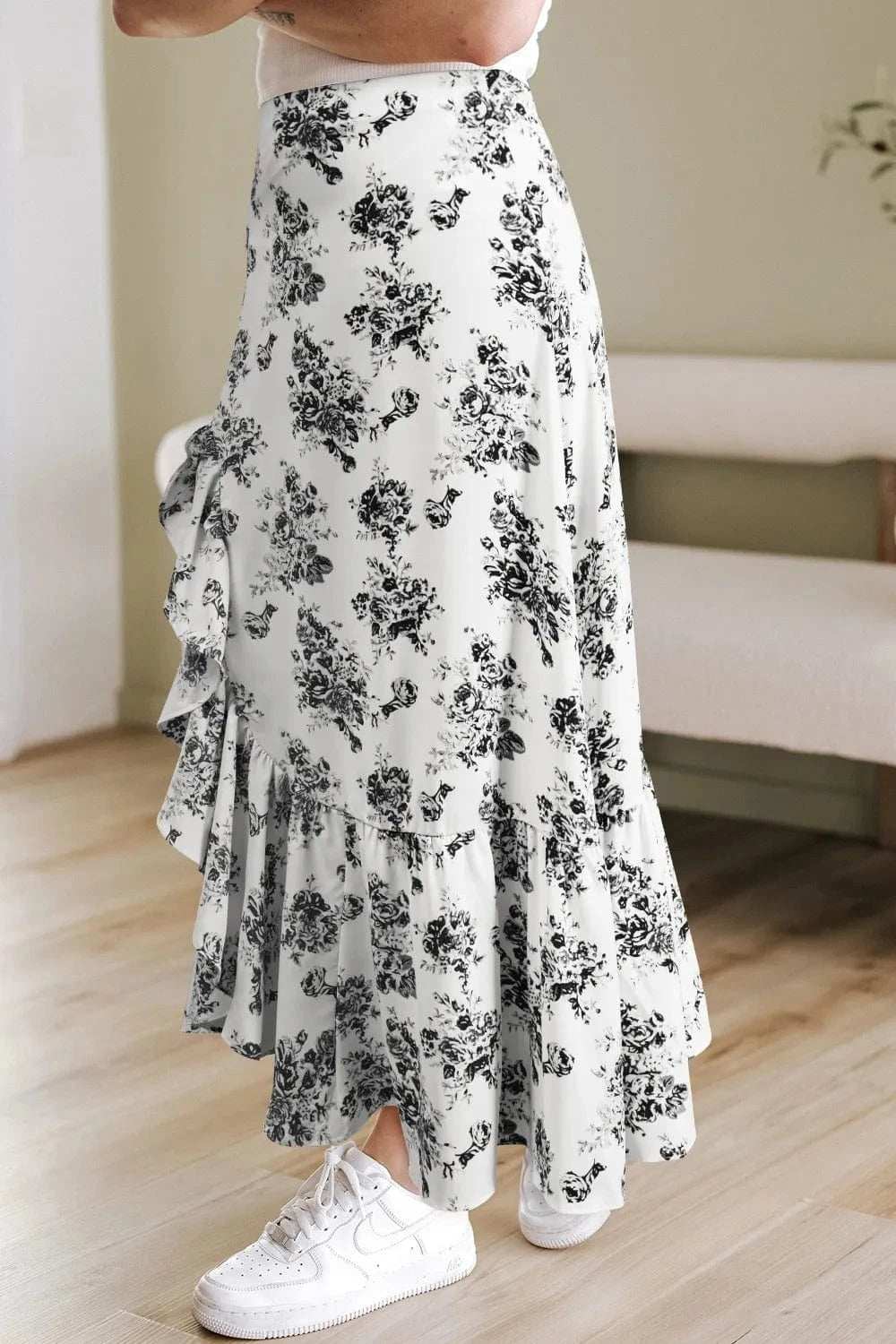 Boho Floral High Waist Ruffle Split Maxi Skirt - Trendsi - Flyclothing LLC