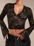 V-Neck Flare Sleeve Lace Top - Trendsi - Flyclothing LLC