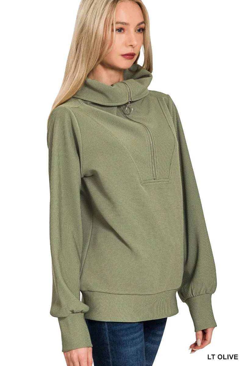 Zenana Ribbed High Neck Half Zip Pullover & Pants Set - Trendsi - Flyclothing LLC