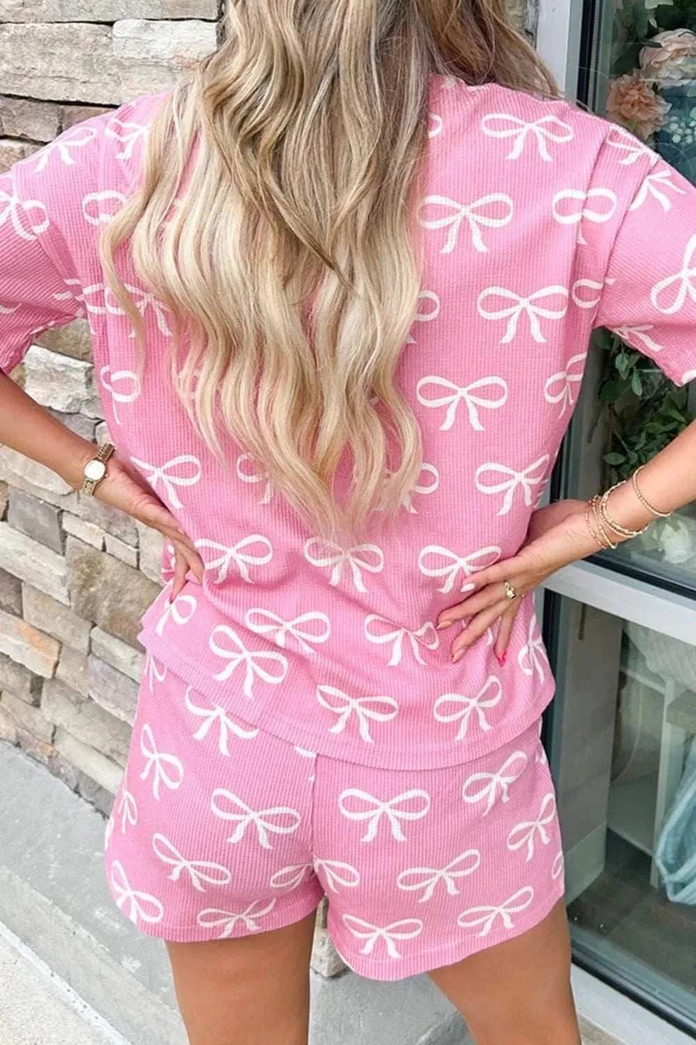 Bowknot Printed Notched T-Shirt and Shorts Set - Trendsi - Flyclothing LLC