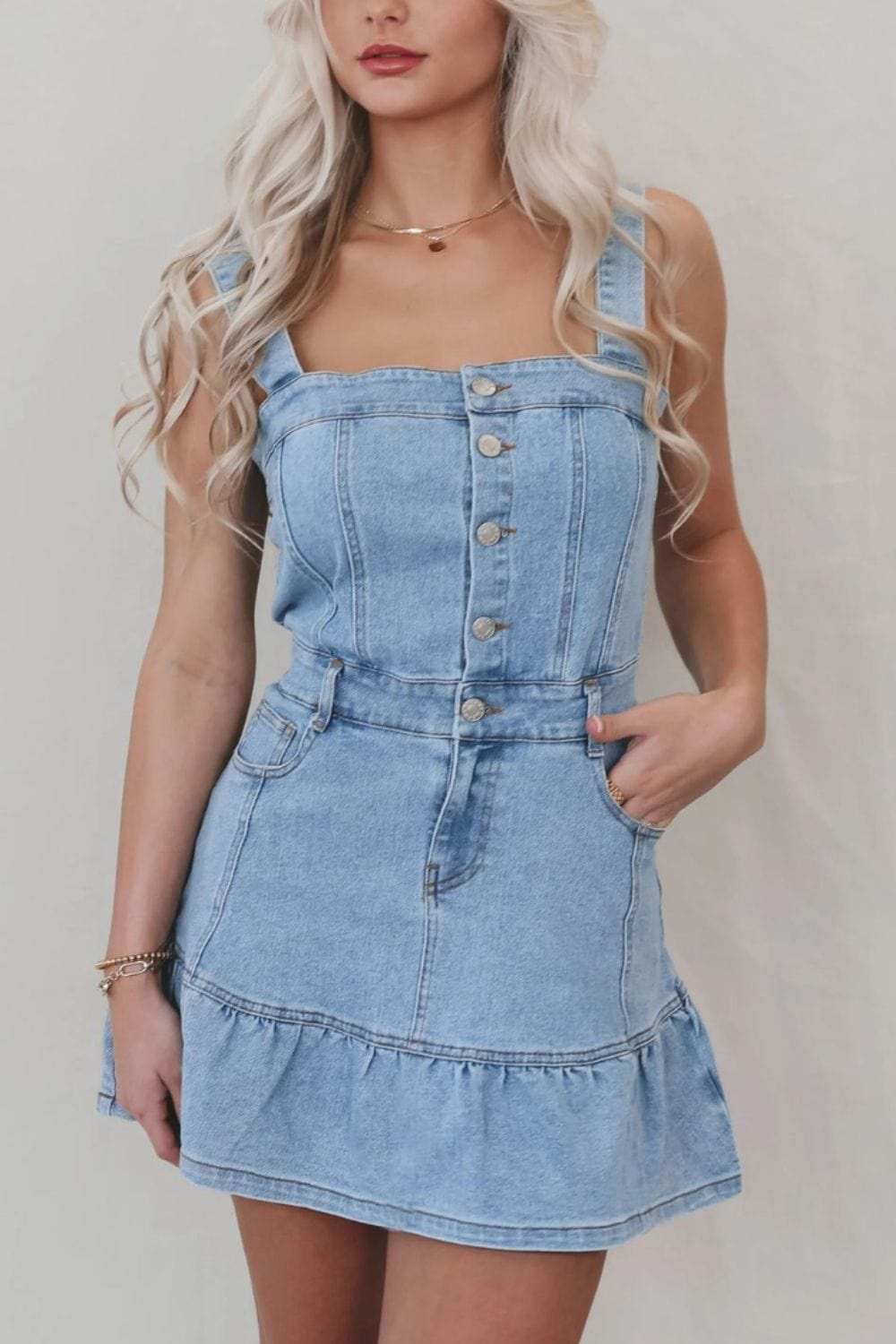 Ruffled Hem Button Front Square Neck Denim Dress - Trendsi - Flyclothing LLC