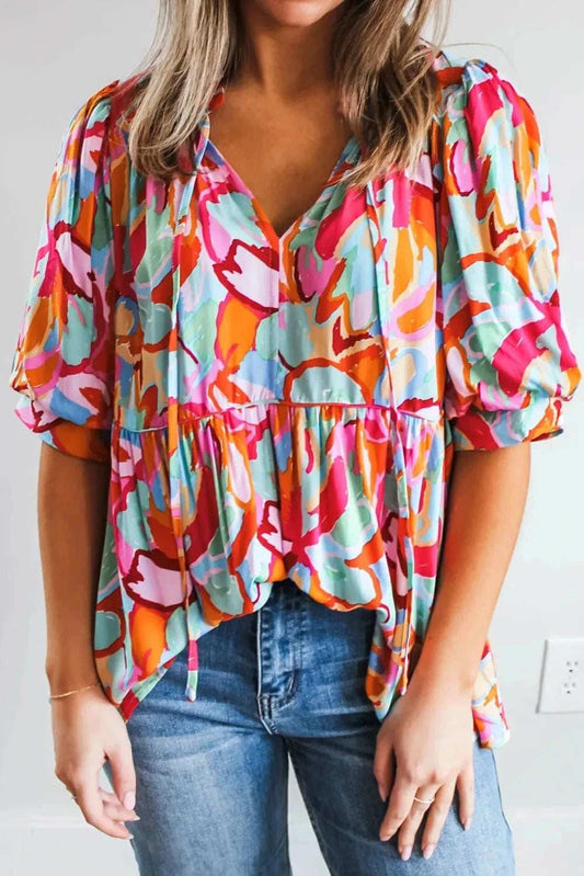 Printed Tie Neck Half Sleeve Blouse - Trendsi - Flyclothing LLC