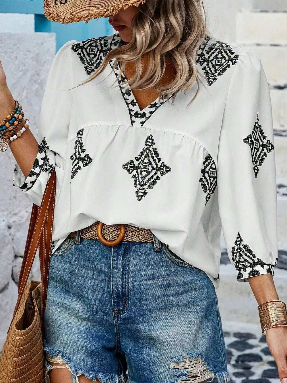 Printed V-Neck Three-Quarter Sleeve Blouse - Trendsi - Flyclothing LLC