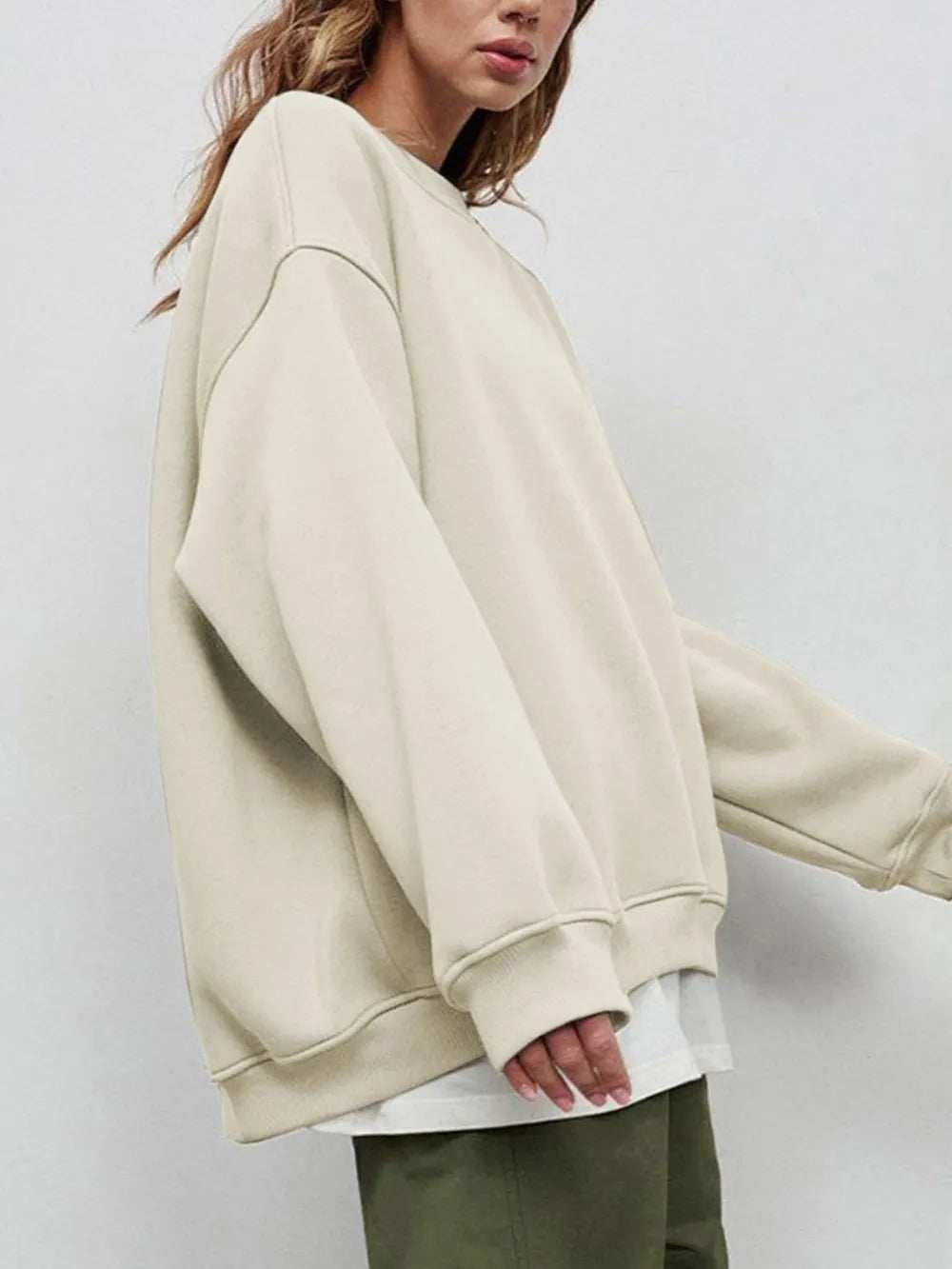 Round Neck Dropped Shoulder Long Sleeve Sweatshirt - Trendsi - Flyclothing LLC