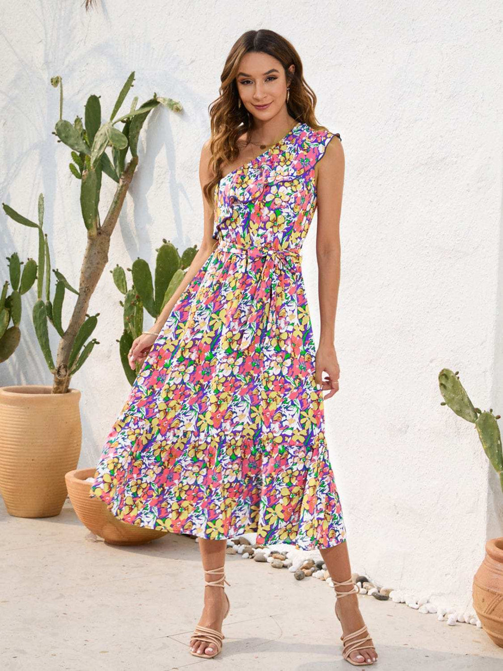 Ruffled Printed One Shoulder Midi Dress - Trendsi - Flyclothing LLC