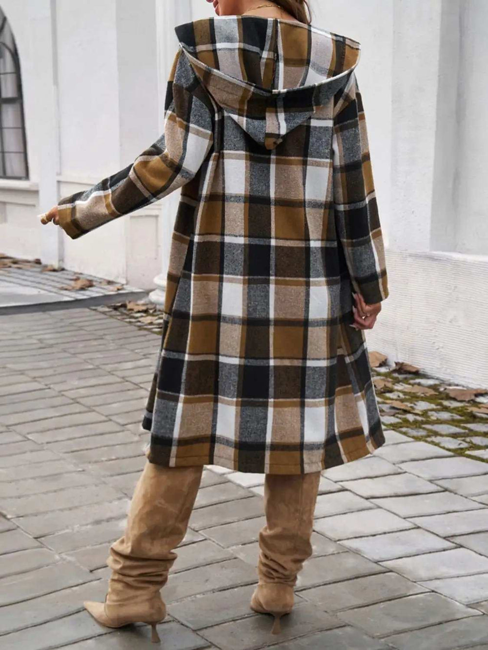 Plaid Long Sleeve Hooded Coat - Trendsi - Flyclothing LLC