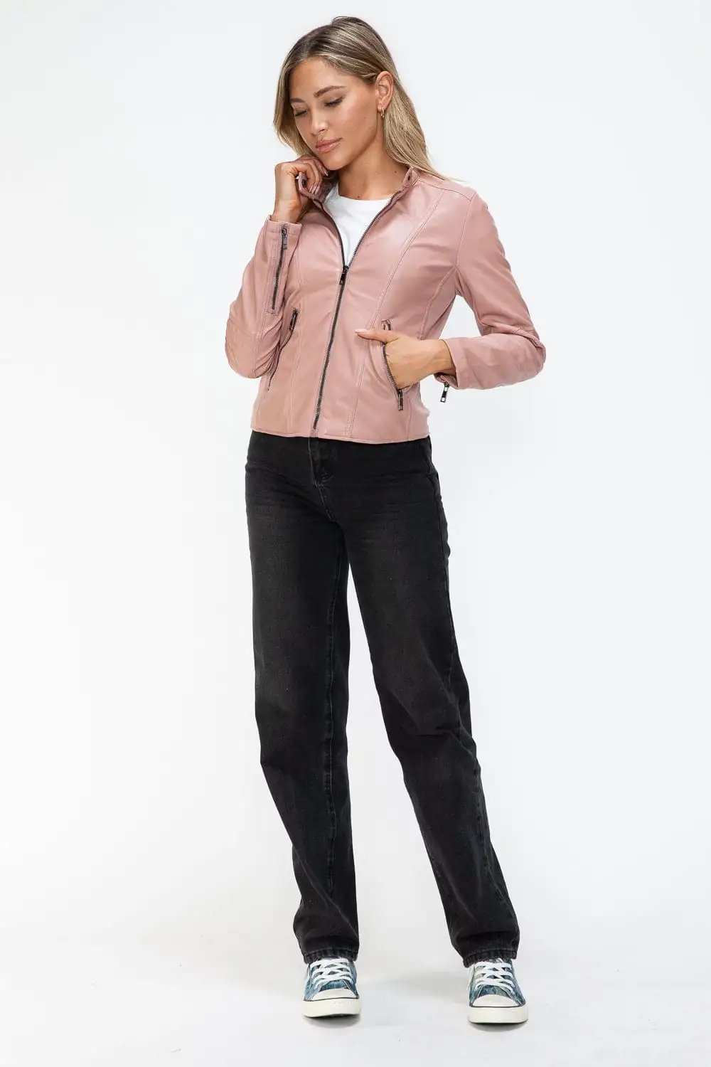 Snobbish Faux Leather Zip Up Drawstring Hooded Jacket - Trendsi - Flyclothing LLC