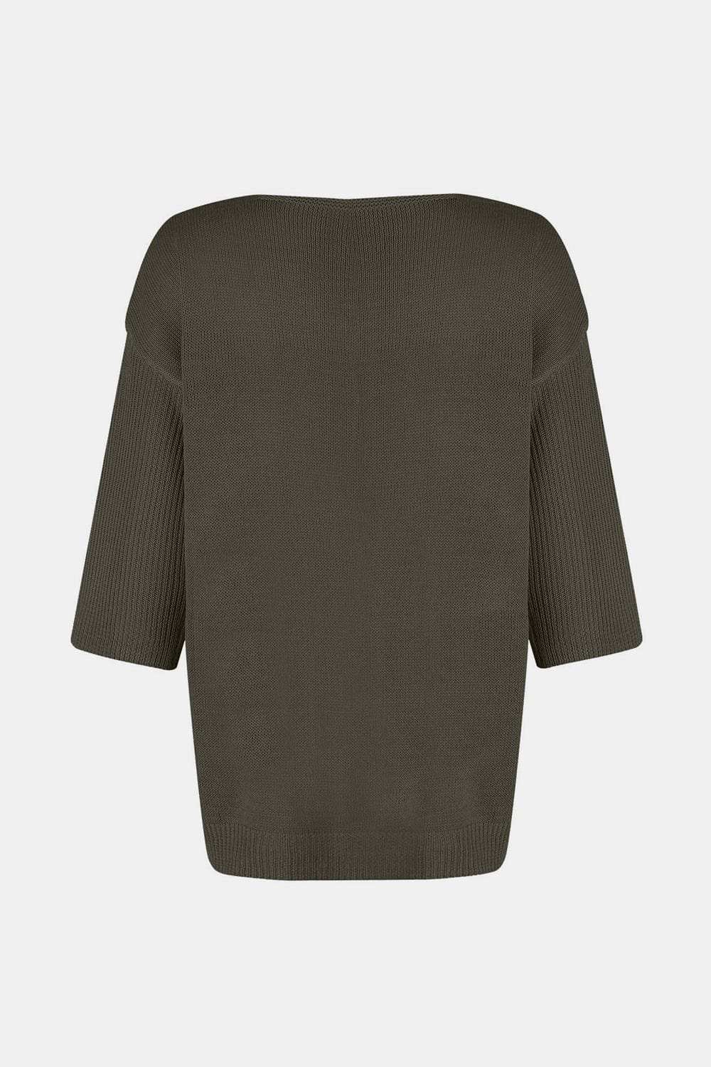 V-Neck Three-Quarter Sleeve Knit Top - Trendsi - Flyclothing LLC