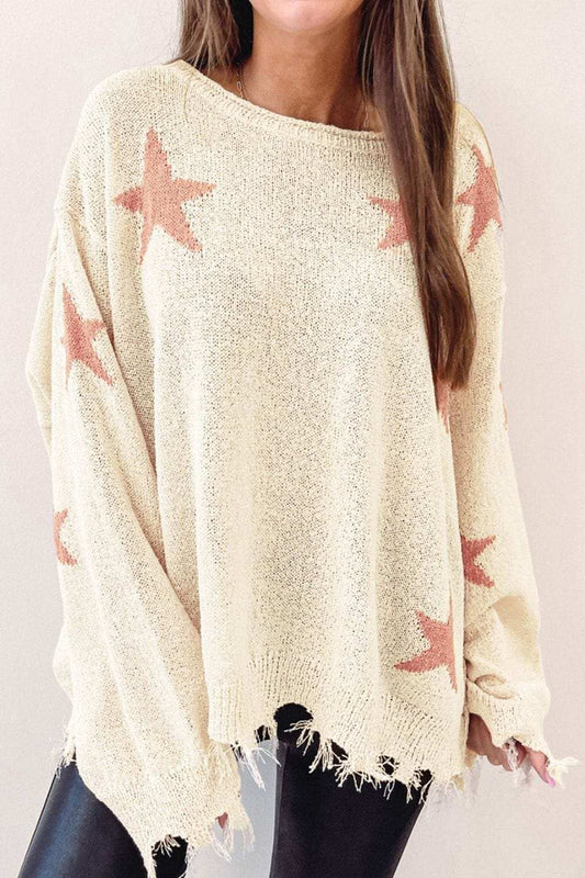 Contrast Star Raw Hem Long Sleeve Knit Top - Trendsi - Flyclothing LLC