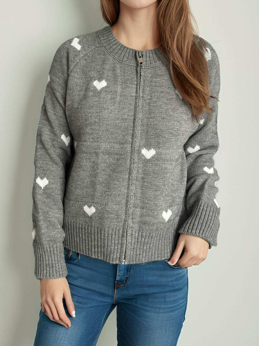 Heart Round Neck Zip Up Cardigan - Trendsi - Flyclothing LLC