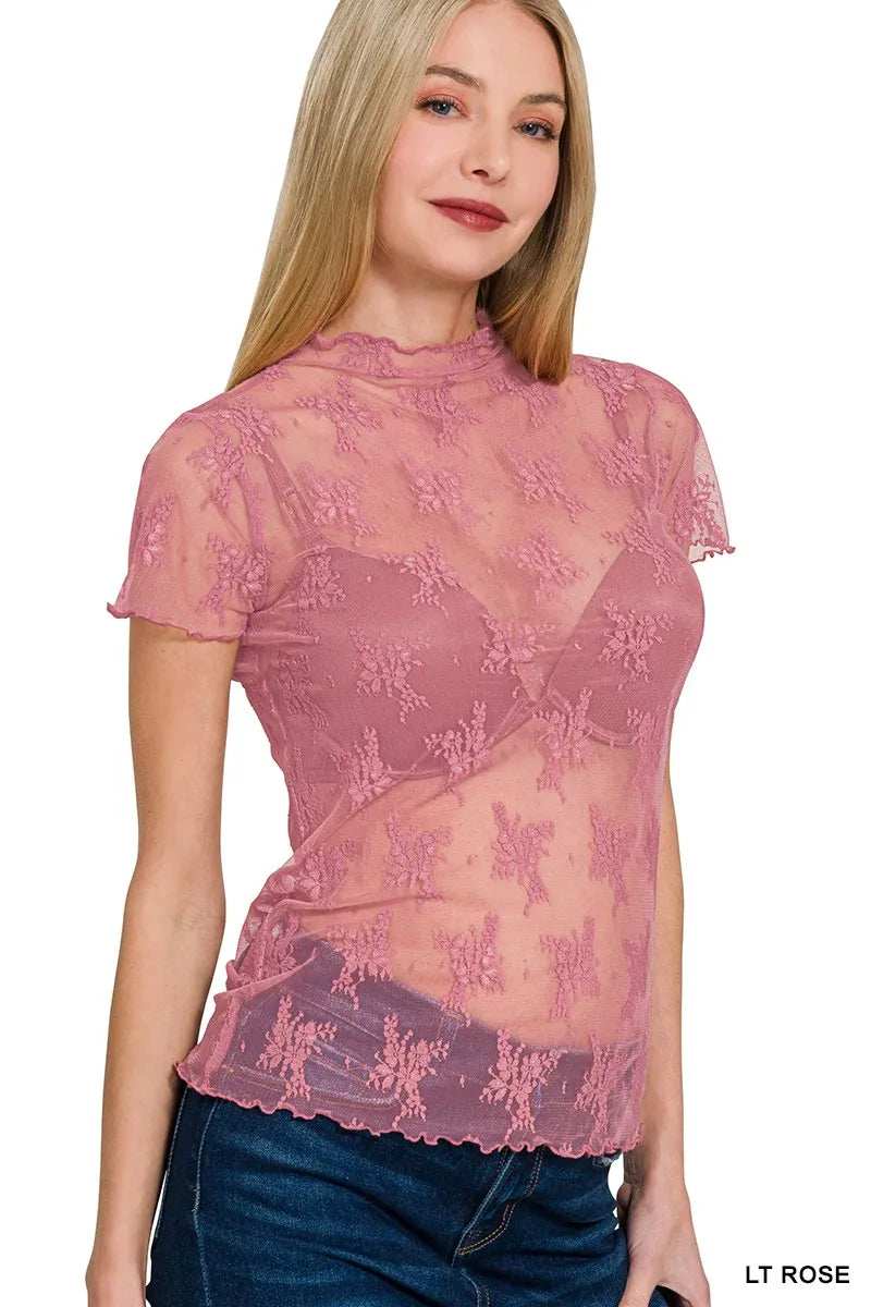 Zenana Lace See-through Layering Short Sleeve Top - Trendsi - Flyclothing LLC