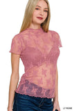Zenana Lace See-through Layering Short Sleeve Top - Trendsi - Flyclothing LLC