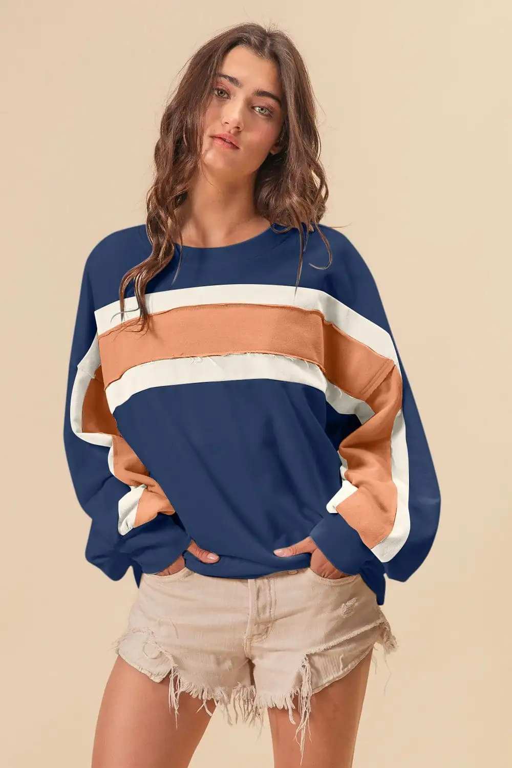 BiBi French Terry Color Block Cut Edge Detail Sweatshirt - Trendsi - Flyclothing LLC
