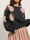 Floral Boat Neck Long Sleeve Sweater - Trendsi - Flyclothing LLC