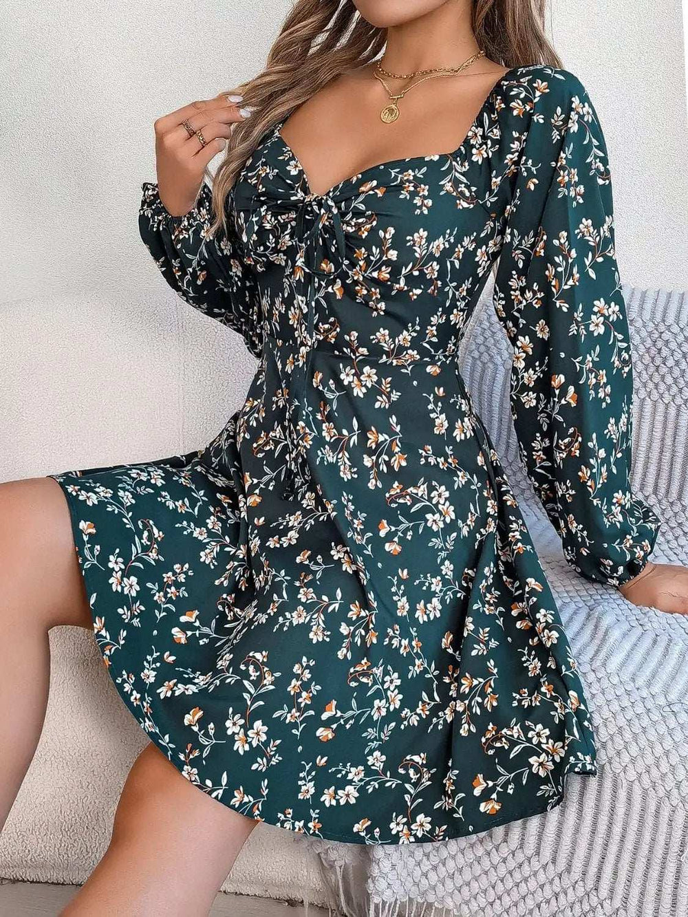 Printed Sweetheart Neck Balloon Sleeve Mini Dress - Trendsi - Flyclothing LLC